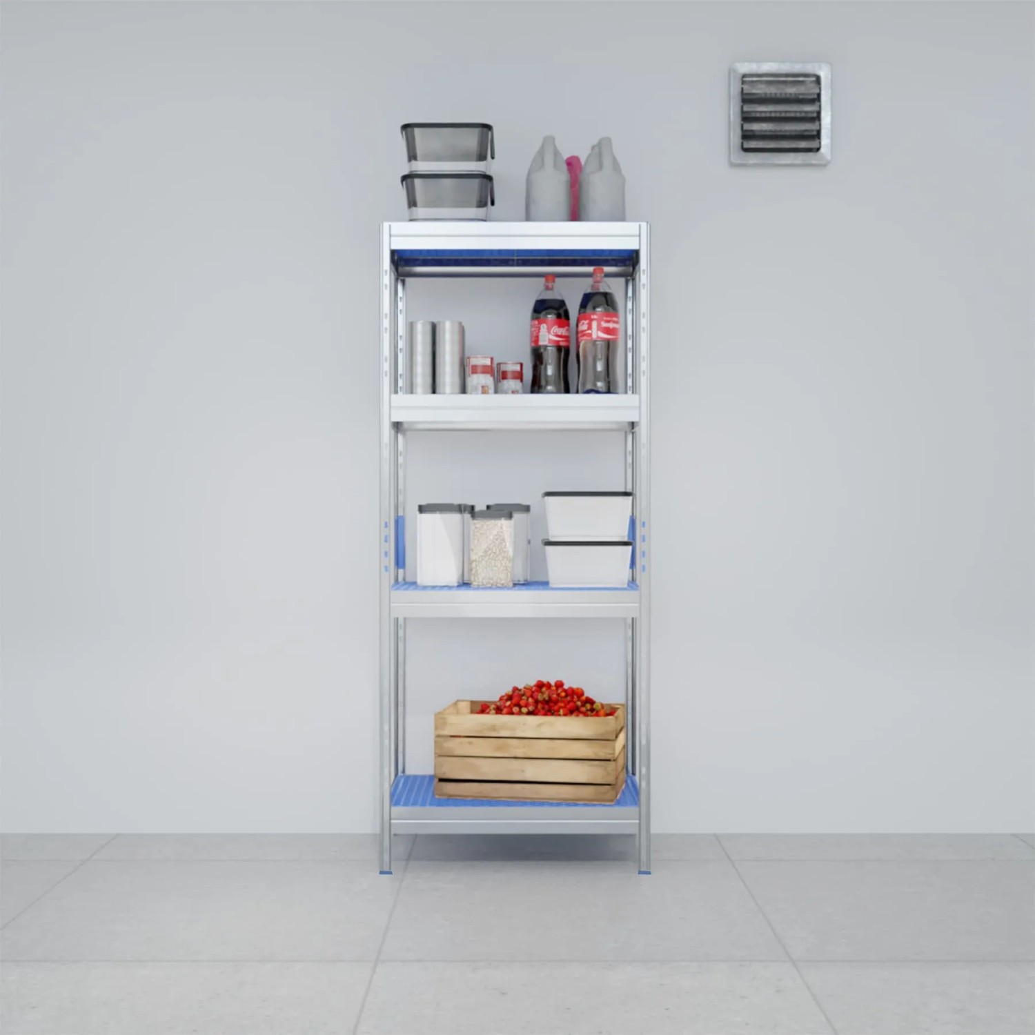 Ar Shelving Lebensmittelregal Gastronorm S, 180x75x50cm, mit Lebensmitteln bestückt.