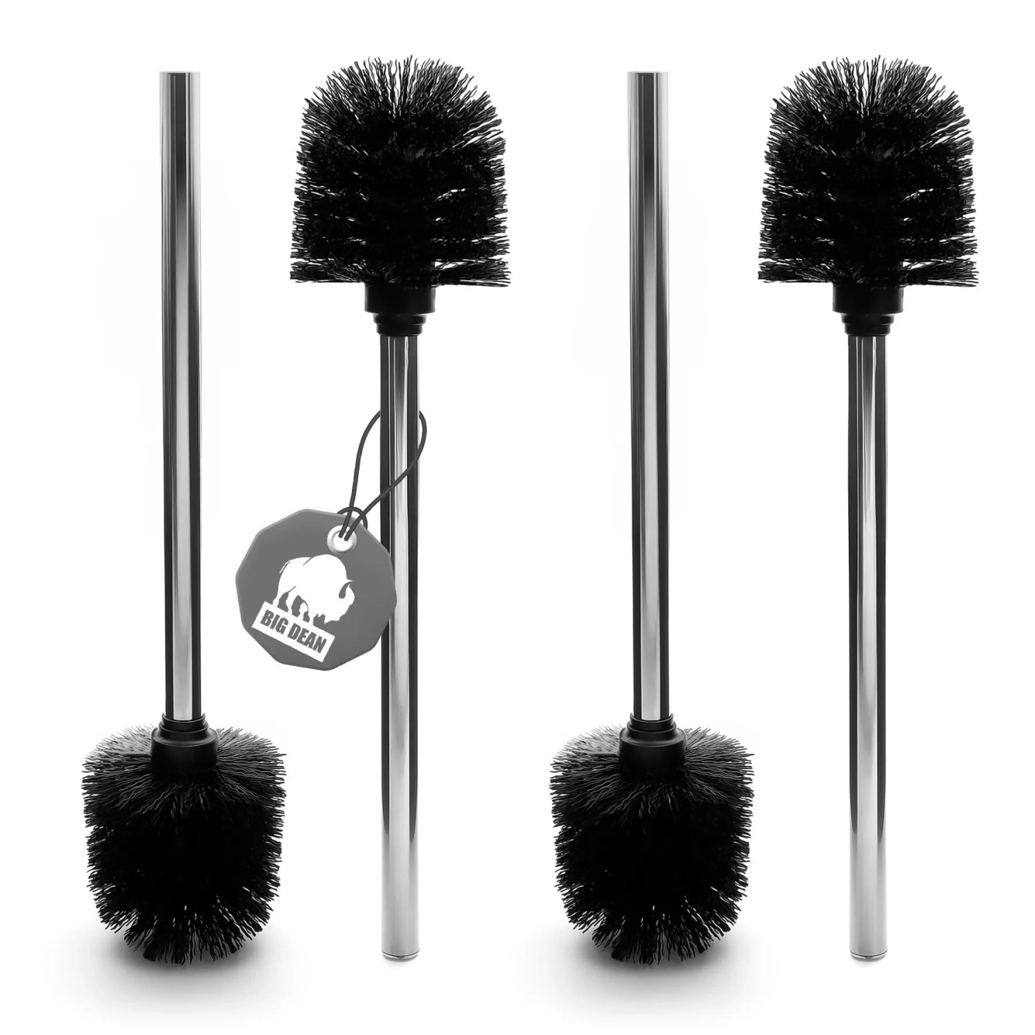 BigDean 4er Set WC-Bürsten, schwarz mit Edelstahlgriff, abnehmbarer Bürstenkopf.