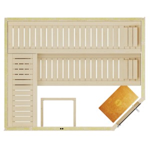 Draufsicht der Weka Element-Ecksauna Varberg mit Glastür, ohne Ofen, mit Liegen und Bodenmatte.