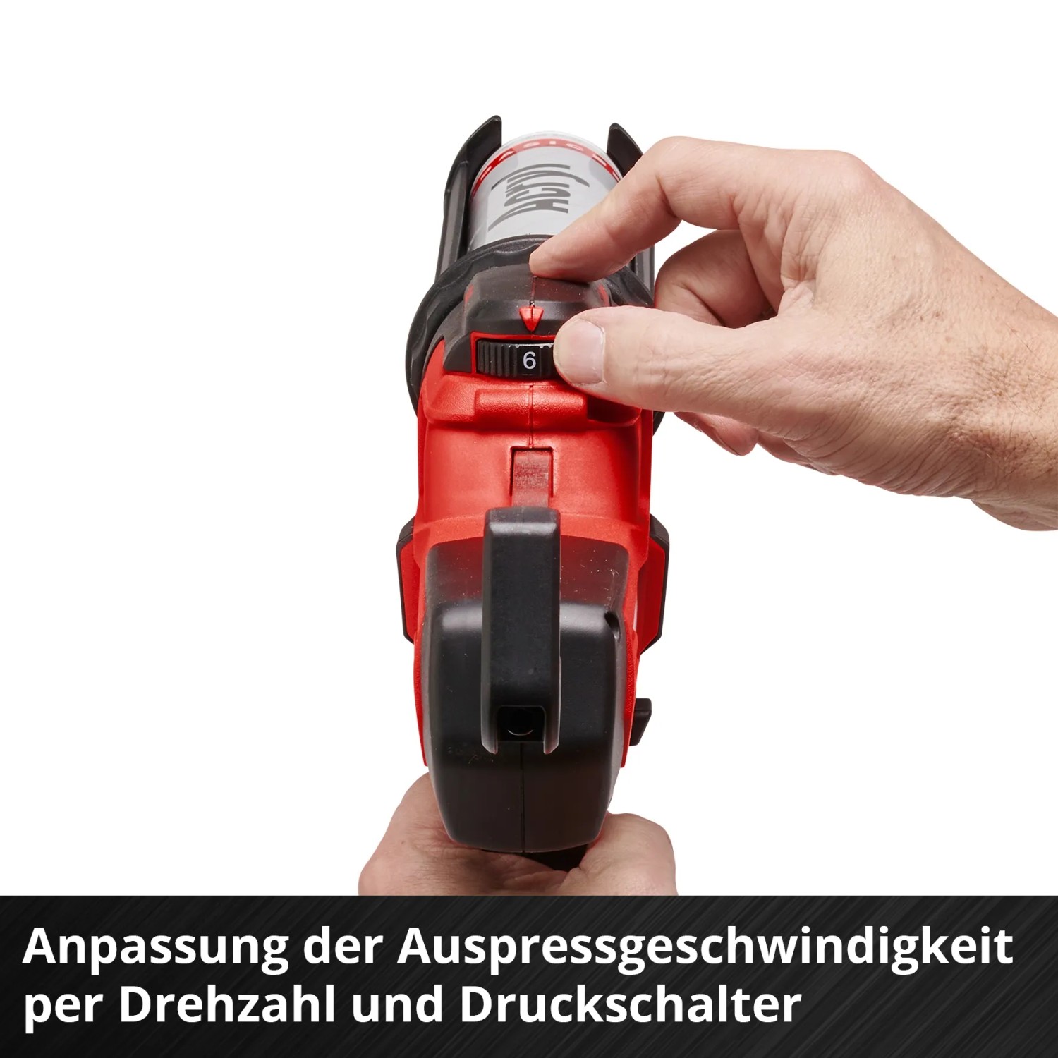 Einhell Akku-Kartuschenpistole: Hand justiert Auspressgeschwindigkeit am roten Drehzahlregler.