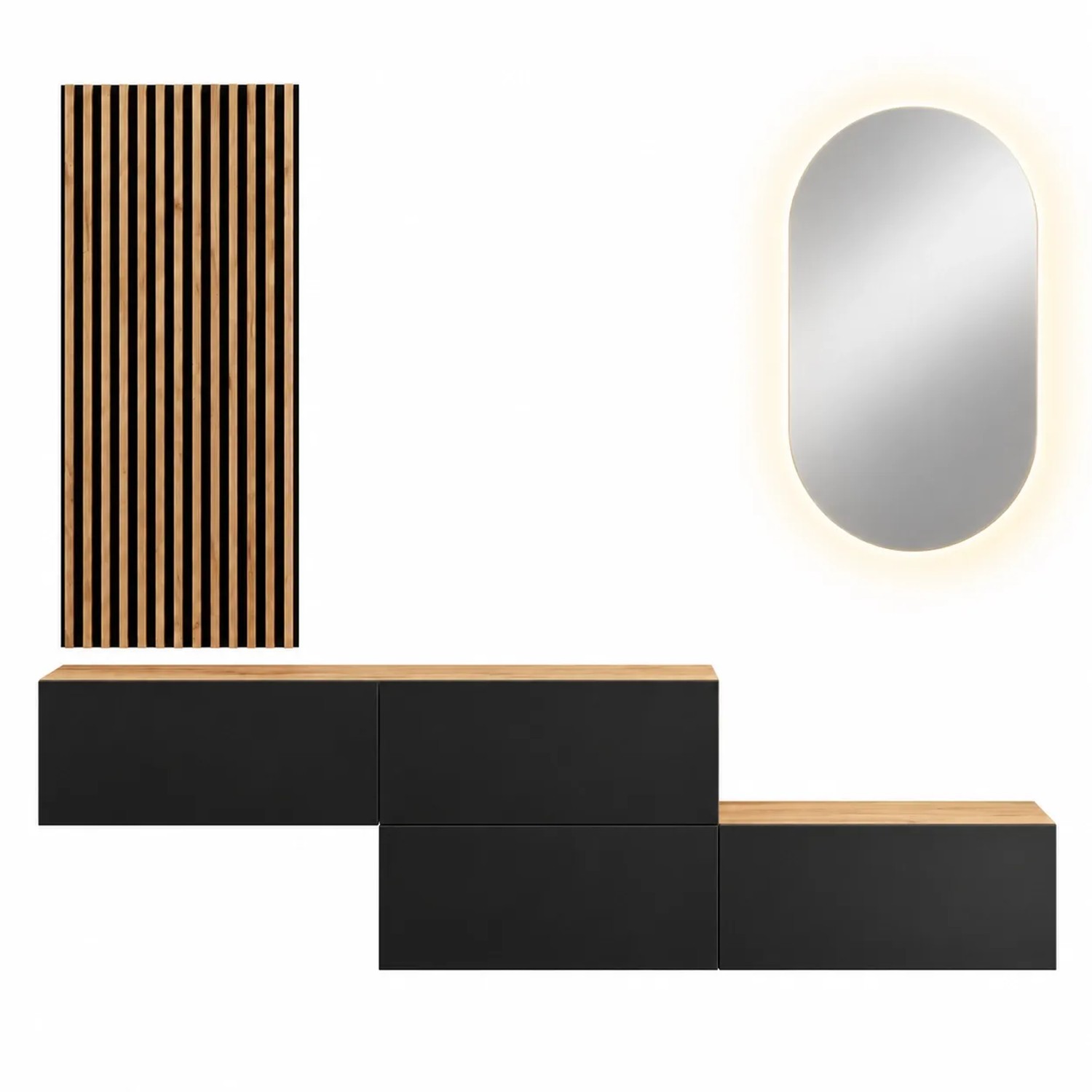 Planetmöbel Flurgarderobe Set 2 x 140 cm Gold Eiche Anthrazit mit Wandpaneel und LED Spiegel Dimmbar