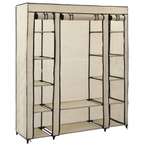 Cremefarbener Stoffschrank mit Fächern und Kleiderstangen, vidaXL, 150x45x176cm.