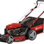 Einhell GC-PM 56/2 S HW Benzin-Rasenmäher mit rotem Gehäuse, Fangkorb und Hinterradantrieb.