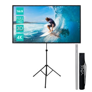 Mobile Beamer Leinwand 80 Zoll auf schwarzem Stativ, 16:9, Full HD, 3D, 4K. Inkl. Tragetasche für Heimkino.