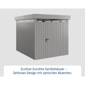 Graues EcoStar Gerätehaus Euroline mit Flachdach und Lichtband, 229x277 cm.