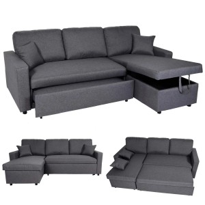 Dunkelgraues MCW Ecksofa L17 mit Bettkasten und Schlaffunktion.