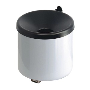 Runder, weißer Wand-Aschenbecher mit schwarzem Deckel, selbstlöschend, 2 Liter.