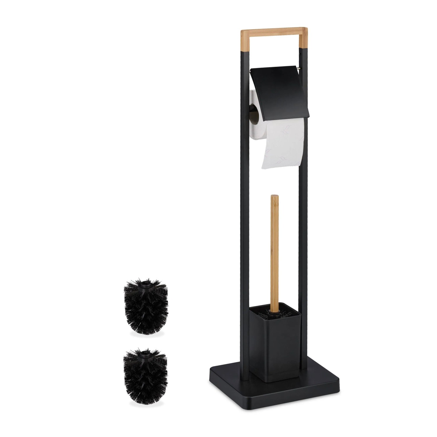Relaxdays WC Garnitur Bambus Edelstahl Schwarz Freistehend 77 cm x 23 cm x 18 cm 2,1 kg