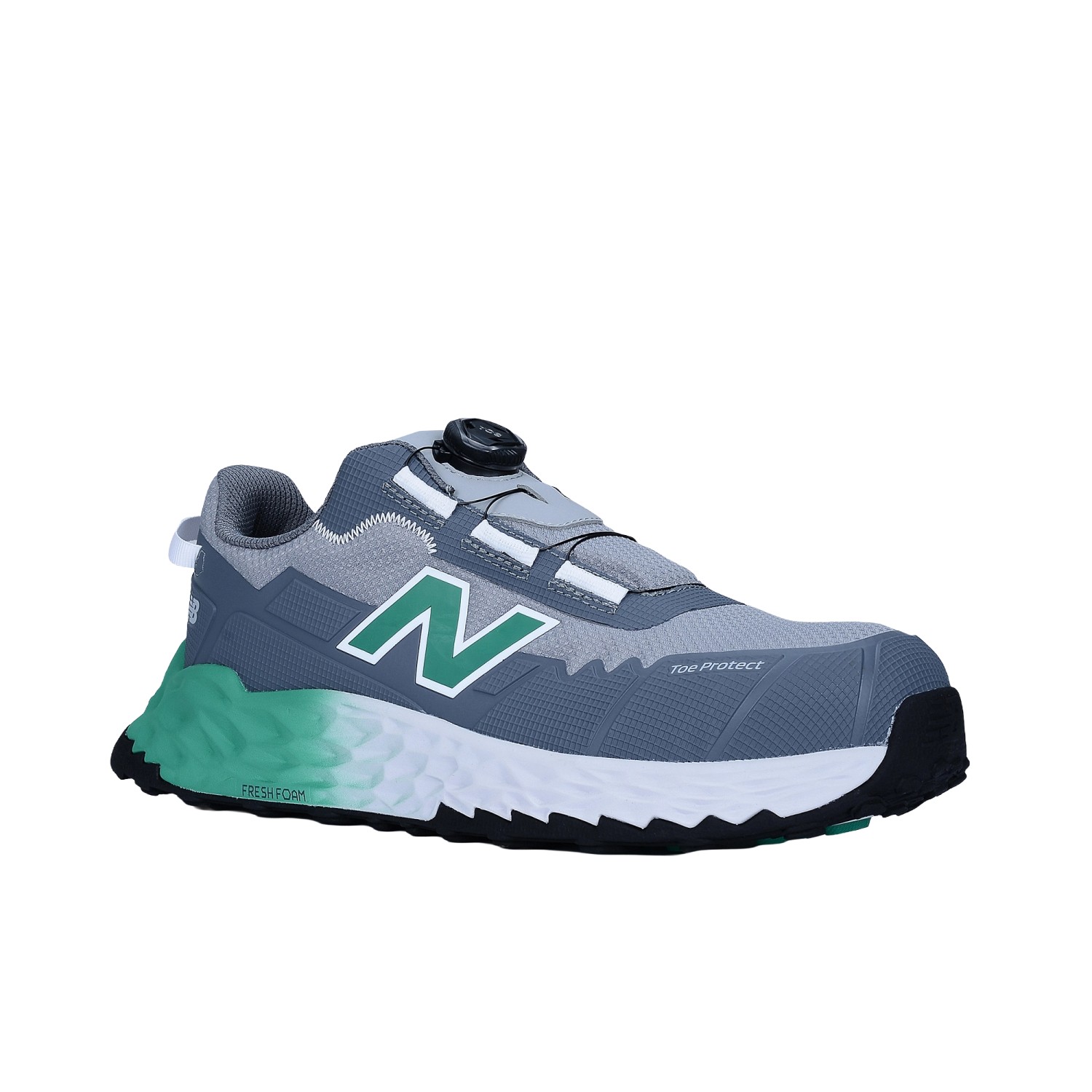 New Balance Cremorne BOA S3 Sicherheitsschuh, grün-grau, mit BOA-Verschluss und Fresh Foam Sohle.