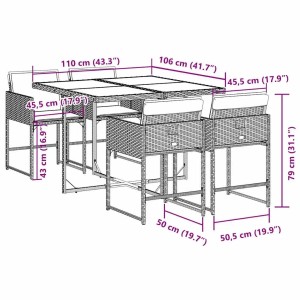 vidaXL 5-tlg. Garten-Essgruppe aus grauem Rattan mit Kissen, Maße eingezeichnet.