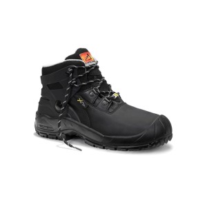 Schwarzer ELTEN ELIO Biomex M ESD S3 Sicherheitsstiefel, hoch geschnitten, mit Stahlkappe und Profilsohle.