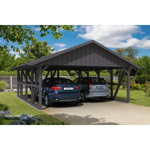 Grauer Skan Holz Carport Schwarzwald mit Dachschalung und Abstellraum für zwei Autos.