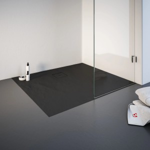 Rechteckige Schulte Duschwanne ExpressPlus, 100x90 cm, Anthrazit, Steinoptik. Bodenebene Installation.