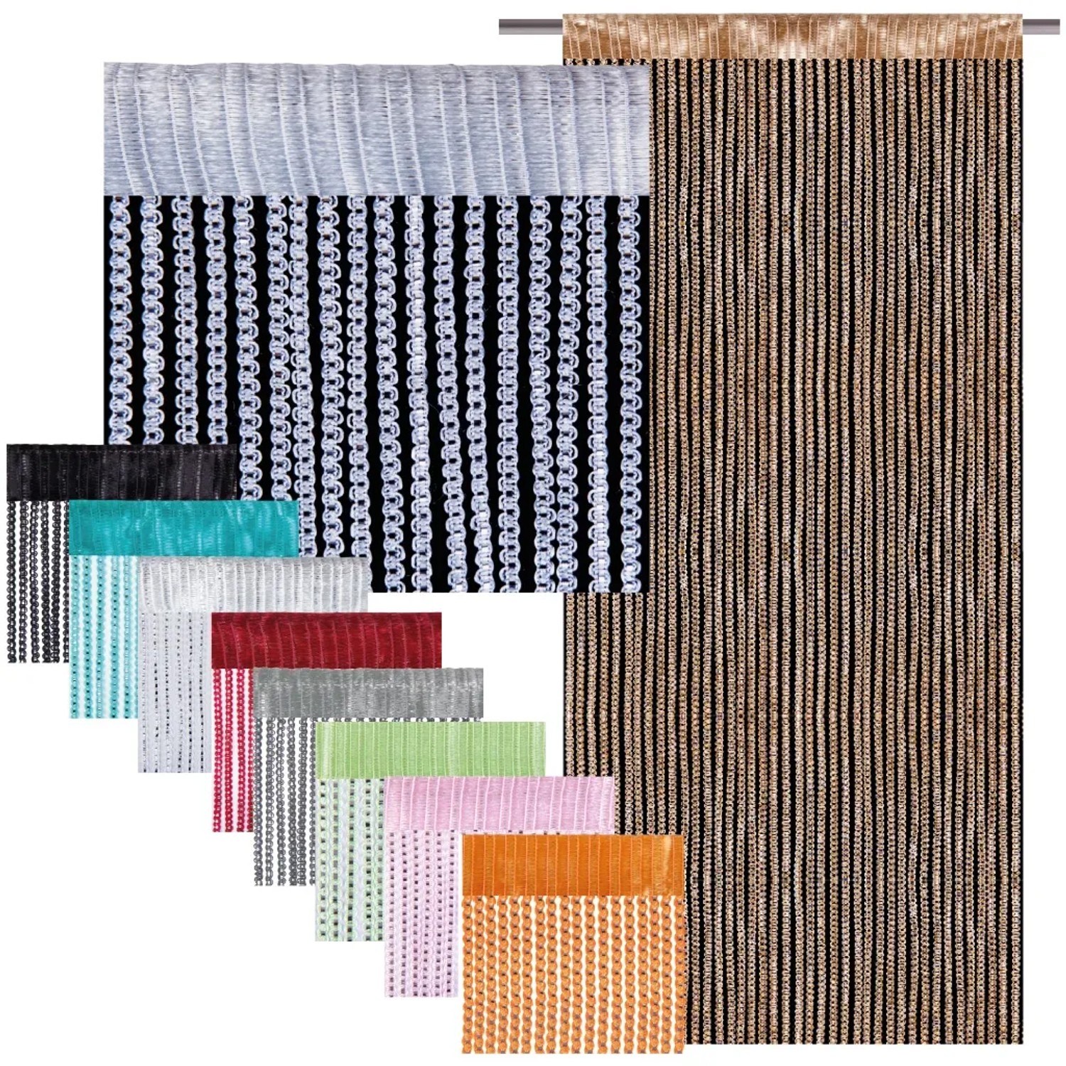 Bestlivings Fadenvorhang in Gold und verschiedenen Farben als Raumteiler oder Fensterdekoration.
