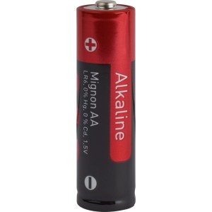 Rote und schwarze Alkaline Batterie LR6 AA Mignon für diverse Geräte.