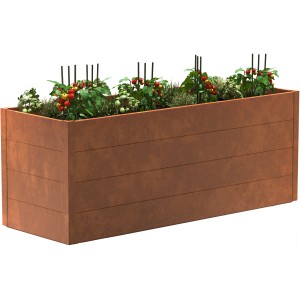 Guardi Metall-Hochbeet in Edelrost-Optik, 200x70x76 cm, bepflanzt mit Gemüse.