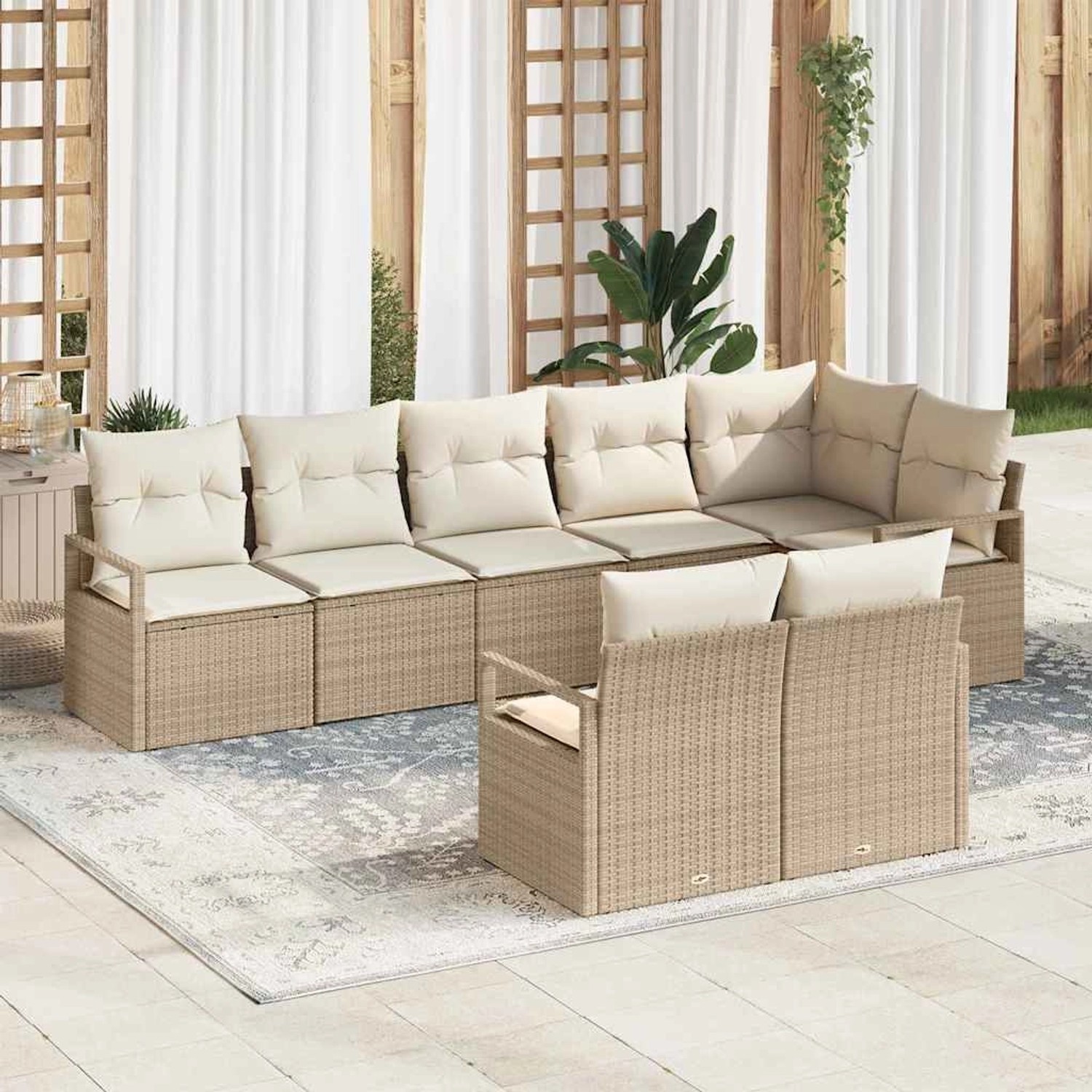 Beiges 8-teiliges Garten-Sofa-Set aus Poly Rattan von vidaXL für Terrasse und Garten.