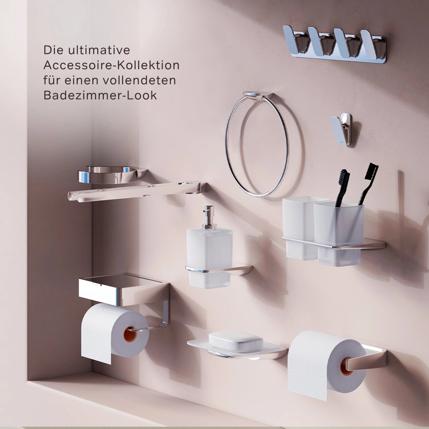 AM.PM Inspire V2.0 Bad-Accessoires in Chrom: Doppelhaken, Handtuchhalter, Seifenspender, WC-Rollenhalter.