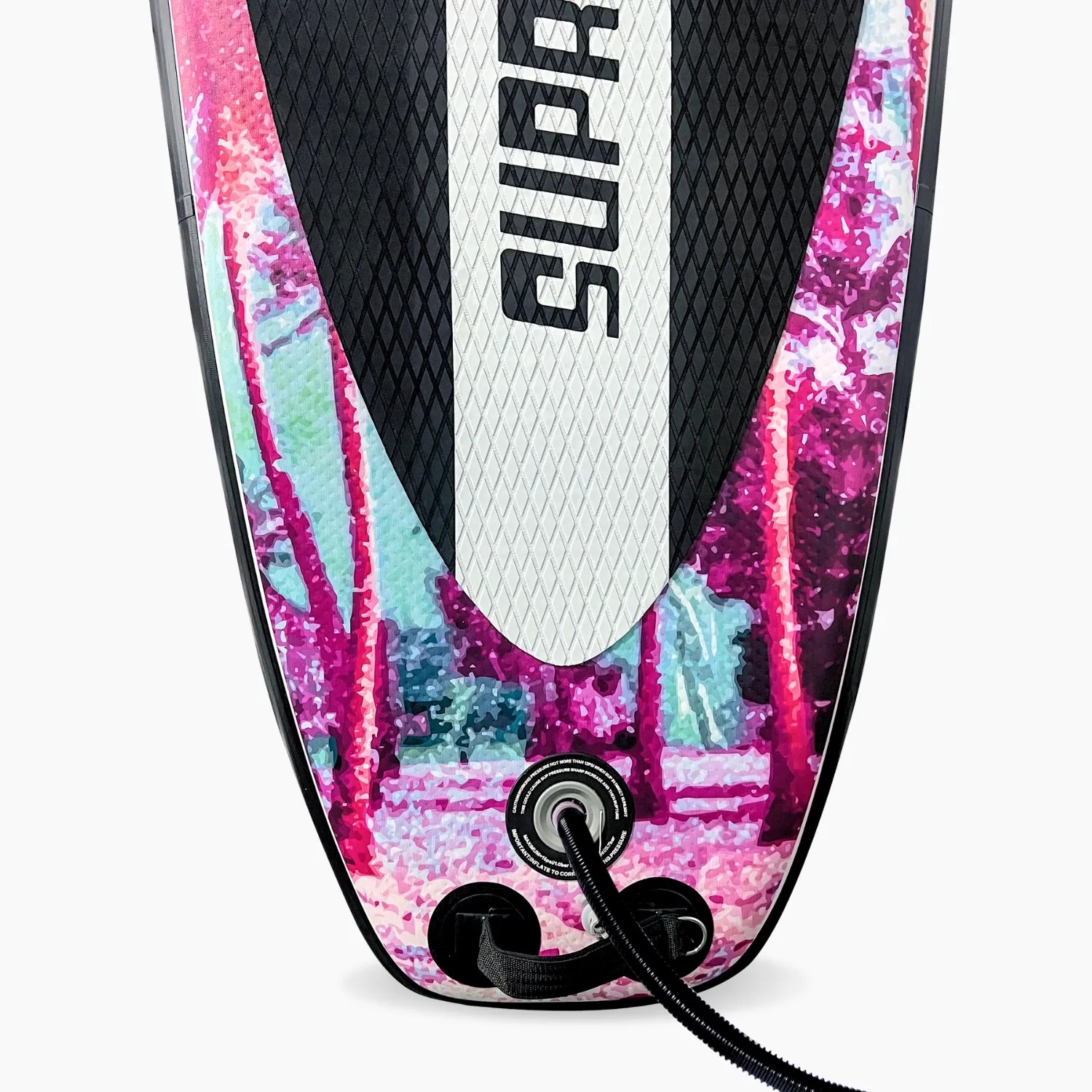 Nahaufnahme des Suprfit Stand-Up Paddling Boards Miami Mint. Tropisches Design mit pinken Palmen, schwarzem Anti-Rutsch-Pad und Leash-Befestigung.