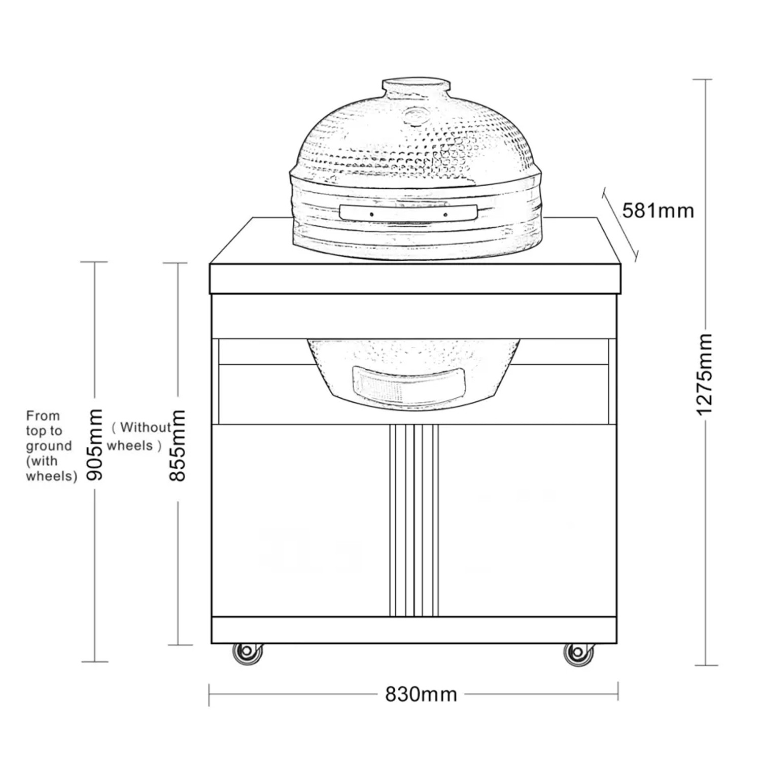 Skizze des MyOutdoorKitchen Kamado Moduls Black Collection mit Maßangaben.