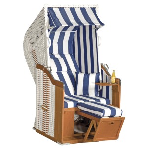 Weiß-blauer 1-Sitzer Gartenstrandkorb Rustikal 250 Plus aus Kunststoffgeflecht.