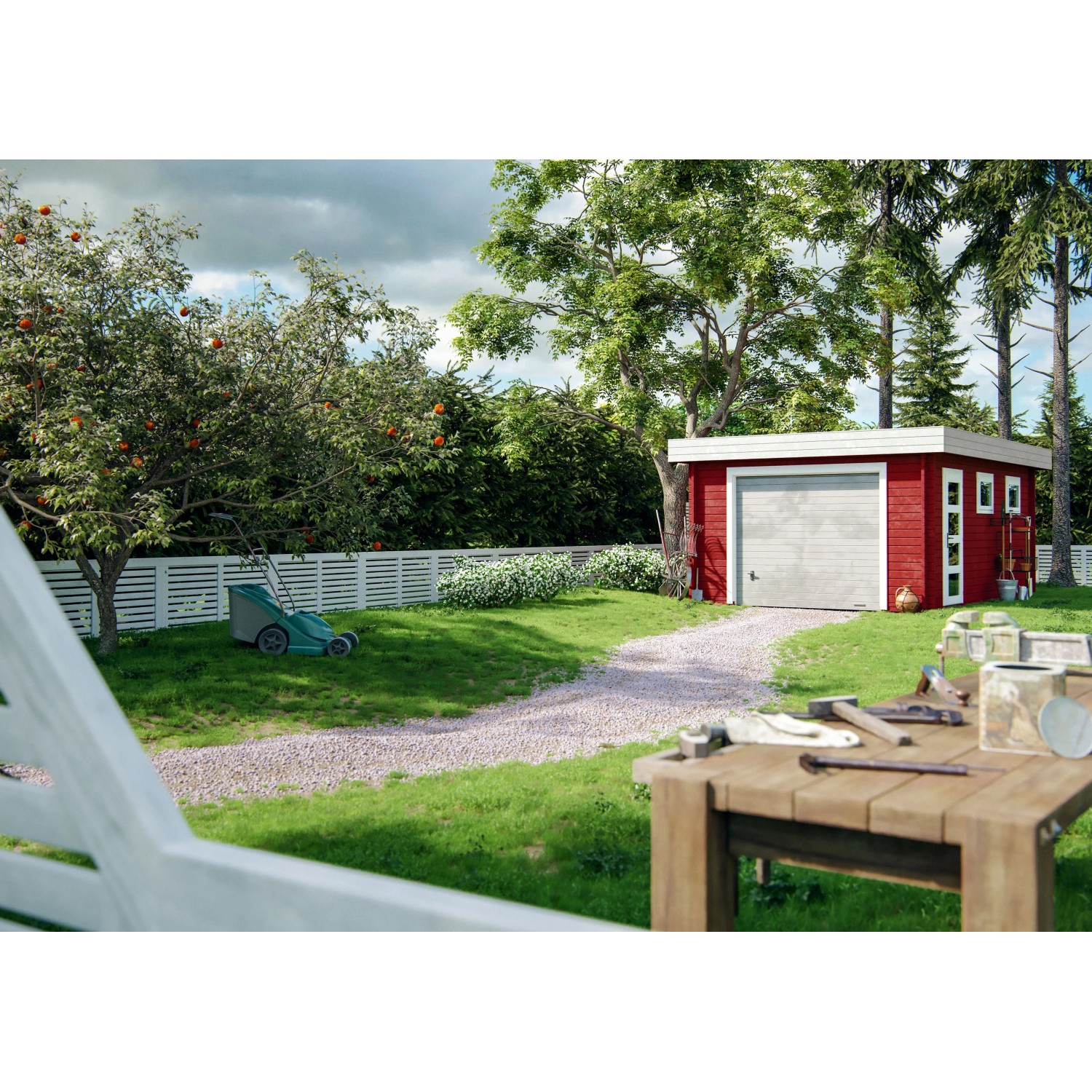 Palmako Holzgarage Rasmus mit Sektionaltor in naturbelassenem Holz, eingebettet in eine Gartenlandschaft.