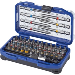 LUX Bit-Set, 56-teilig im geöffneten, blauen Koffer mit verschiedenen Bits und Bithalter.