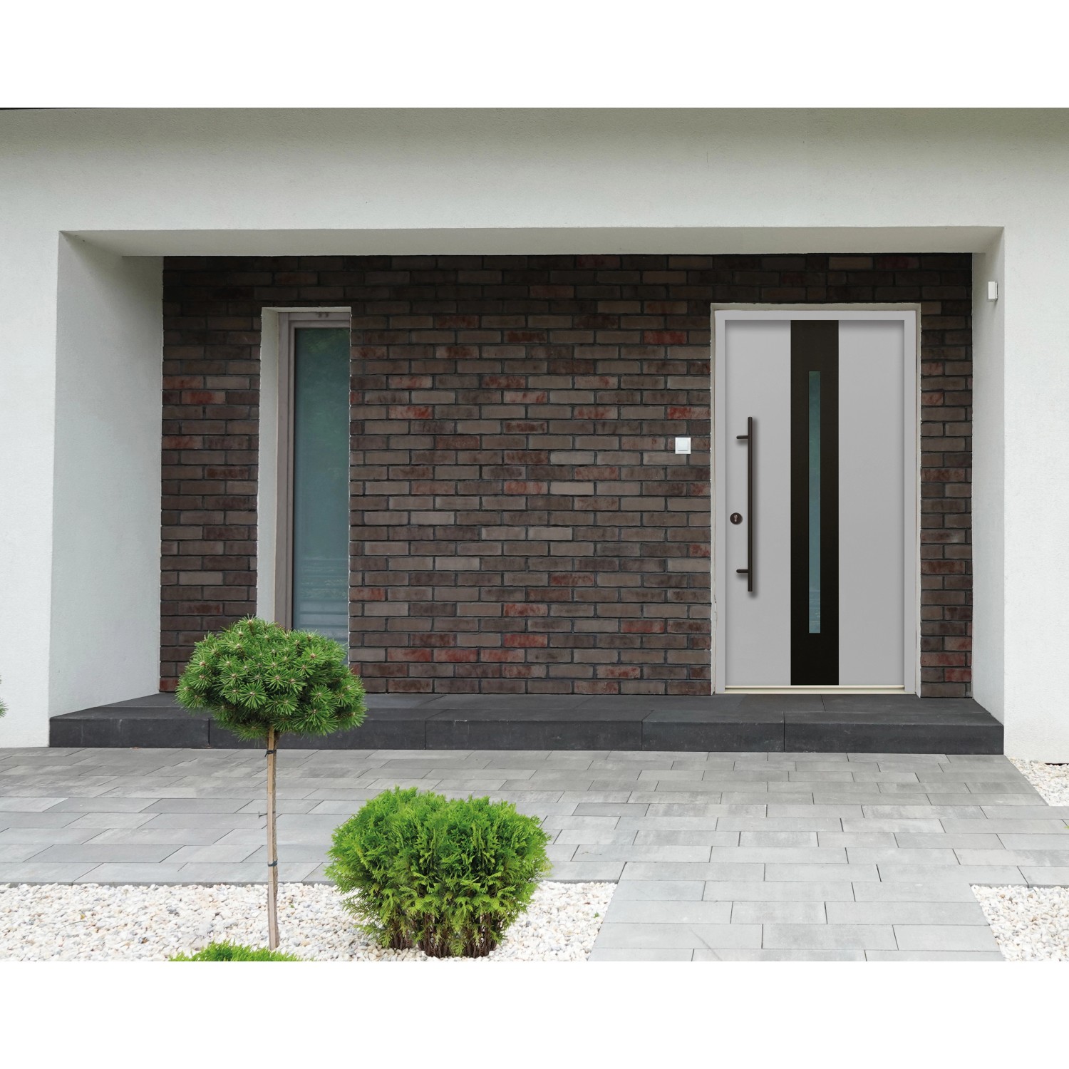 Moderne graue Splendoor Haustür ThermoSpace Prime Dublin mit Glaseinsatz und Edelstahlgriff.