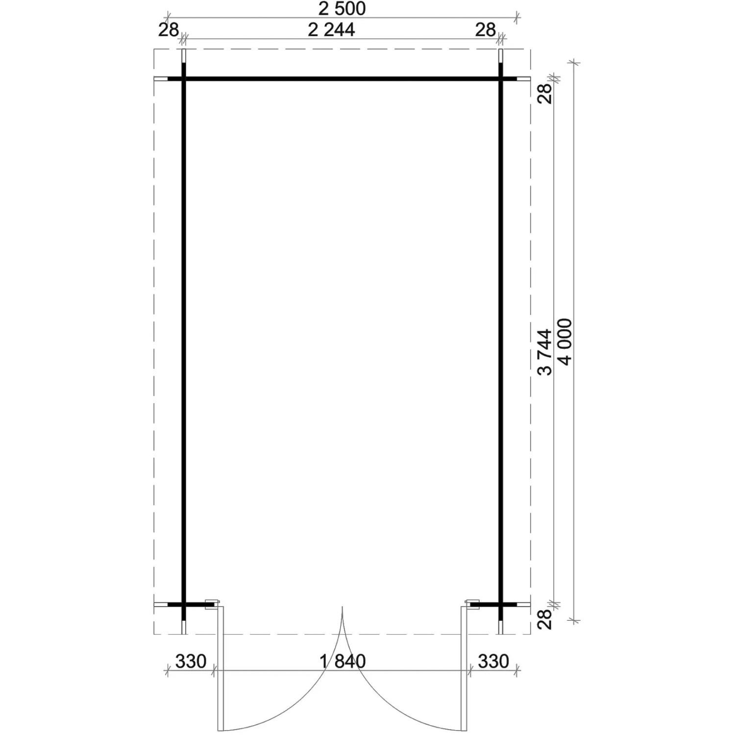 Grundriss Alpholz Gartenhaus Bremen-28 C, 230x374 cm, mit Maßen. Ideal für die Planung Ihres Holz-Gartenhauses.