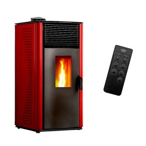 Sannover Pelletofen Anita 15 kW in Bordeauxrot. Kompakter Pelletkaminofen mit sichtbarer Flamme und Fernbedienung.