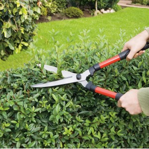 Hand-Heckenschere (53 cm) im Einsatz zum Schneiden einer Hecke. Metallgriffe mit roten Elementen.