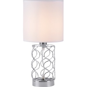 Just Light Tischleuchte Deva, stahlfarben mit weißem Stoffschirm, 35 cm hoch.