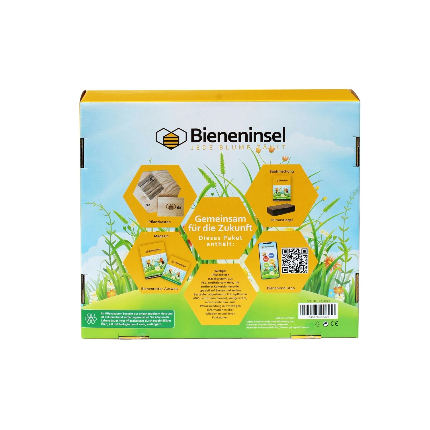Bieneninsel Pflanzset: Holzwabe, Pflanzkasten, Saatgut, Erde, Dünger, Anleitung und Bienenretter-Ausweis.