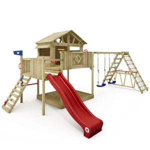Wickey Spielturm Smart Fjord mit roter Rutsche, Schaukel und Kletterwand.