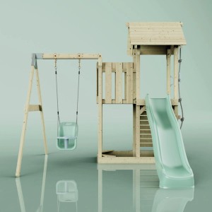 PolarPlay Babyschaukel Bergen mintgrün mit Spielturm und Rutsche.