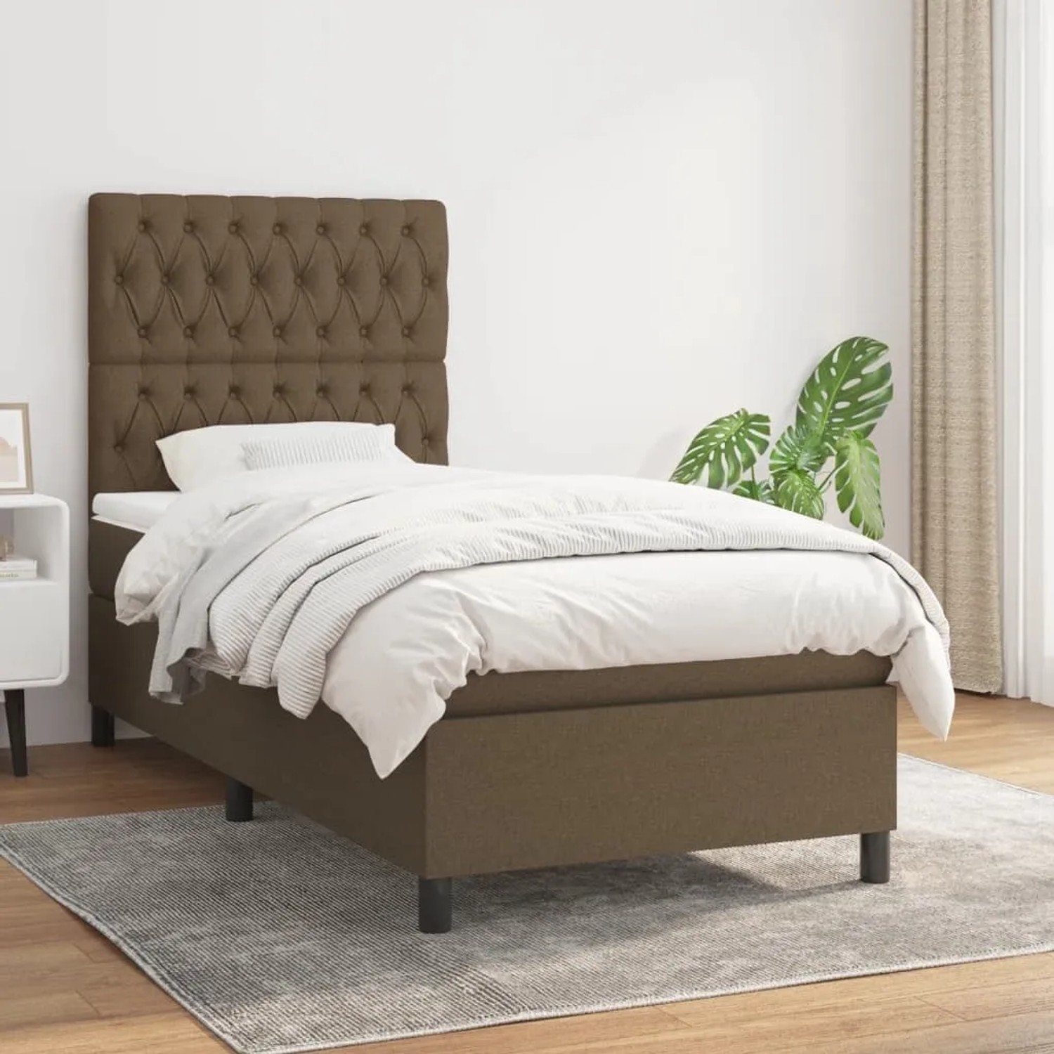 Braunes vidaXL Boxspringbett 90x190 cm mit Stoffbezug, Matratze und Kopfteil.