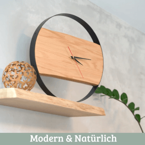 DELUKE Wanduhr Groß Holz PHIL HANDGEFERTIGT 43cm Ø Eiche Geräuschlos Wohnzimmeruhr Holz-Metalloptik Küchenuhr Dekouhr