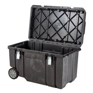Offene, schwarze Stanley FatMax Montagebox Mobil 240 l mit Rädern und Metallschnallen.