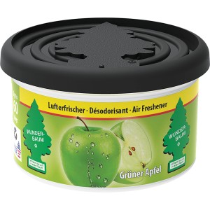 Wunderbaum Duftdose Grüner Apfel für Auto, Dose mit Apfel-Motiv und schwarzem Deckel.