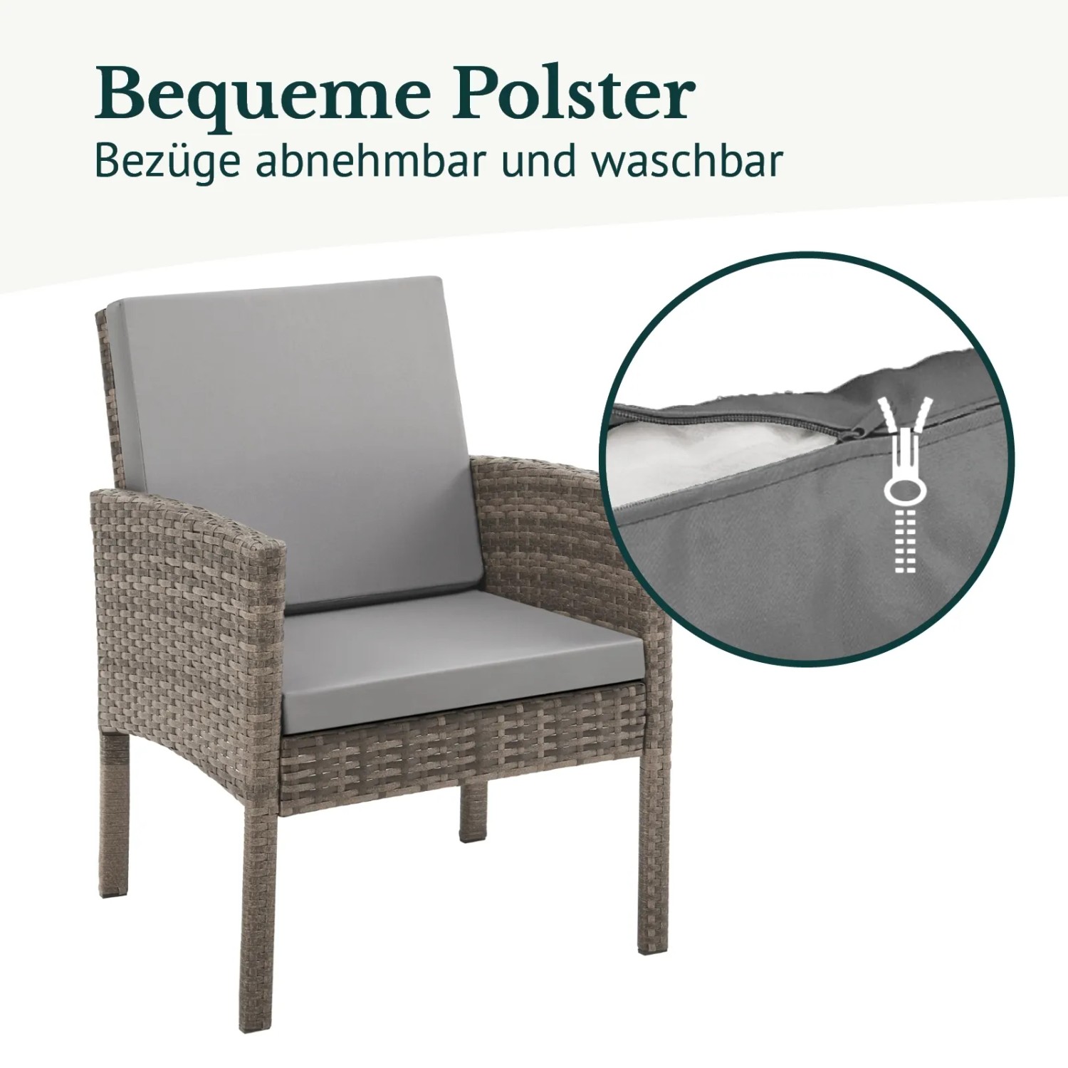 Sessel aus braunem Polyrattan der Svita Denver Gartenmöbel Essgruppe mit grauem Sitzkissen und Reißverschluss Detail.
