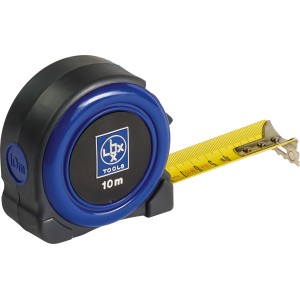 LUX Taschenbandmaß Professional 10 m, blau-schwarzes Gehäuse, gelbes Band mit cm/mm-Einteilung.