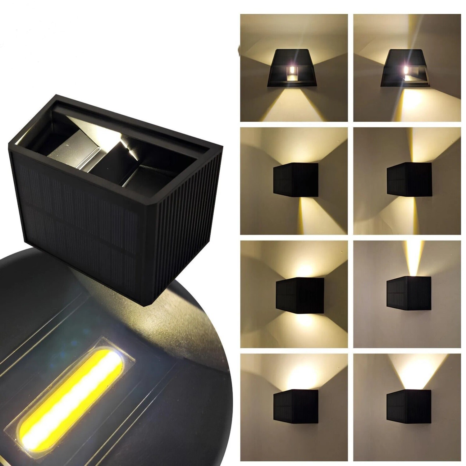 Schwarze LED Solar-Wandleuchte mit verschiedenen Lichteffekten für den Außenbereich.