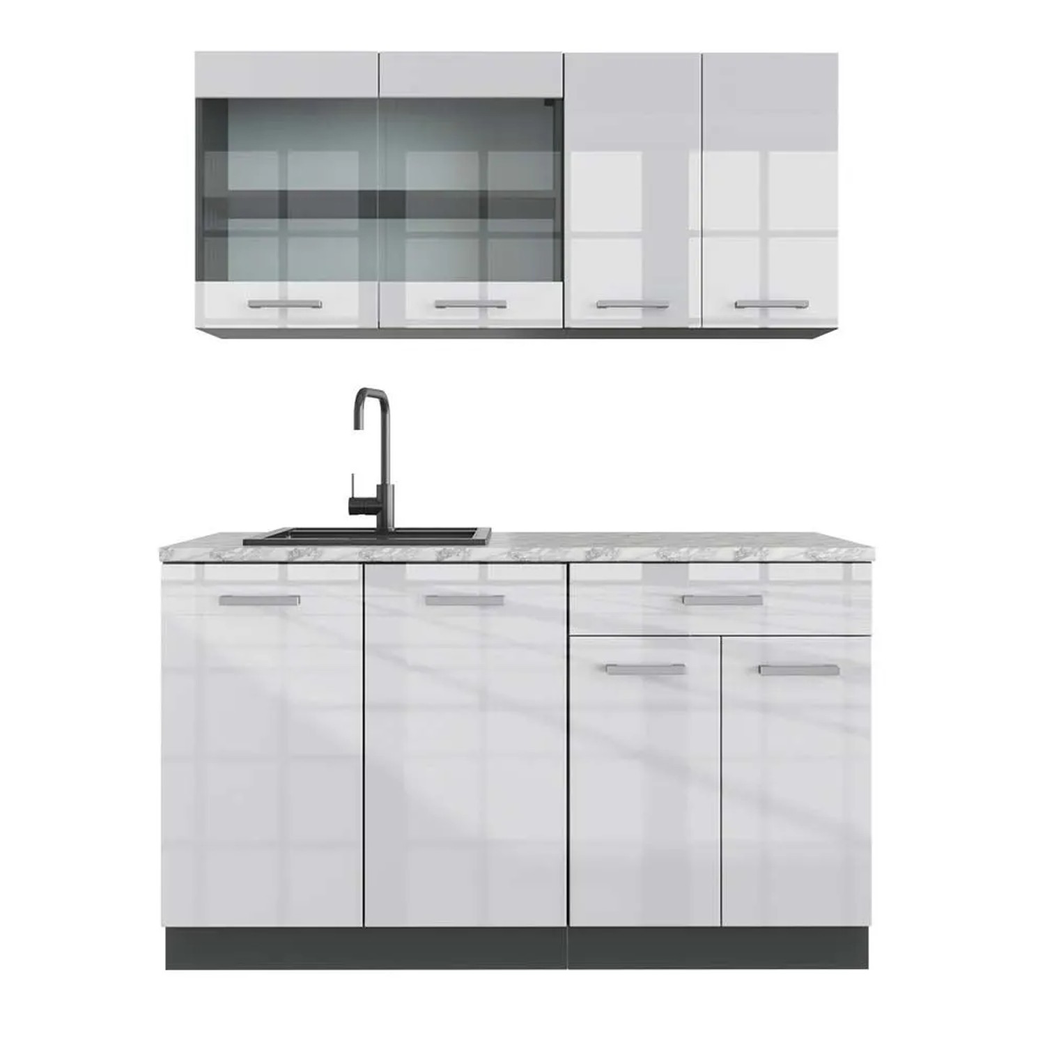 Vicco R-Line Singleküche Weiß Hochglanz Anthrazit 140 cm AP Marmor ohne E-Geräte