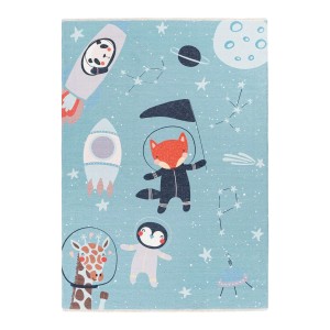 Bunter Kinderteppich mit Weltraummotiv: Raketen, Fuchs, Pinguin und Giraffe als Astronauten. Ideal für das Kinderzimmer.
