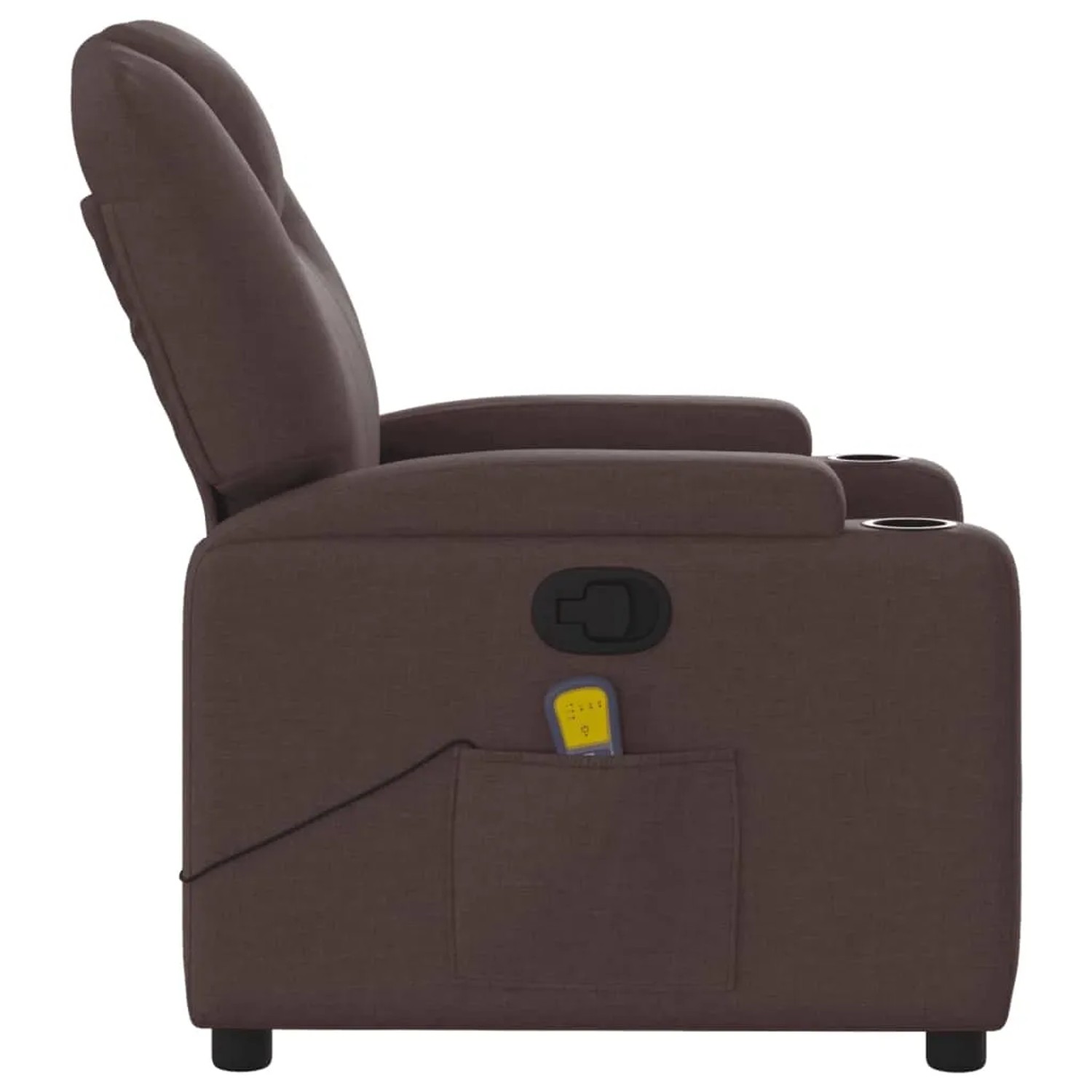 Dunkelbrauner vidaXL Massagesessel Modell 5 aus Stoff, seitliche Ansicht mit Getränkehaltern und Fernbedienung.