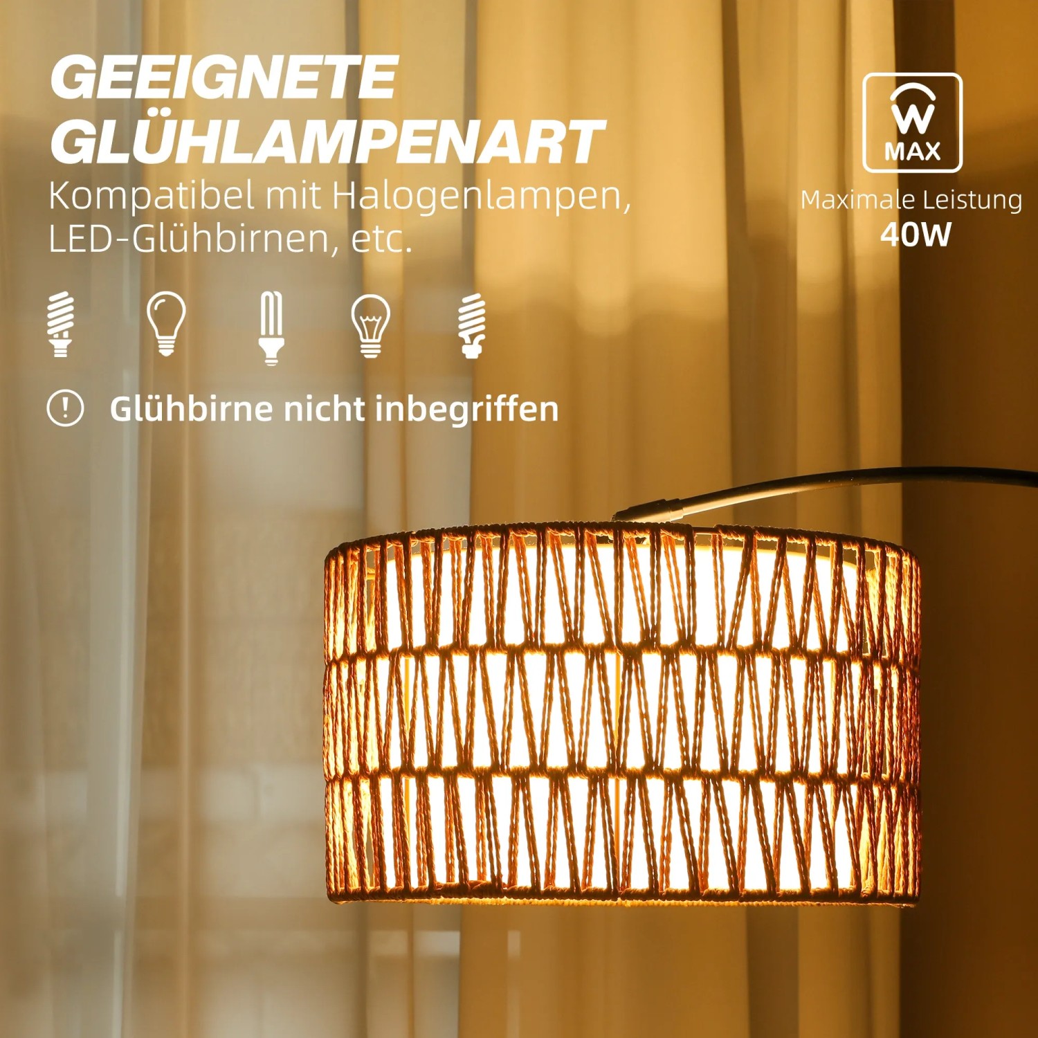 HOMCOM Stehlampe, schwarz-braun, mit Lampenschirm aus Hanfseil. Höhenverstellbare Innenleuchte.