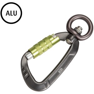 Conacord Alu-Sicherheitskarabiner mit Wirbel, grau und grün, aus Aluminium, Belastbarkeit 400 kg.