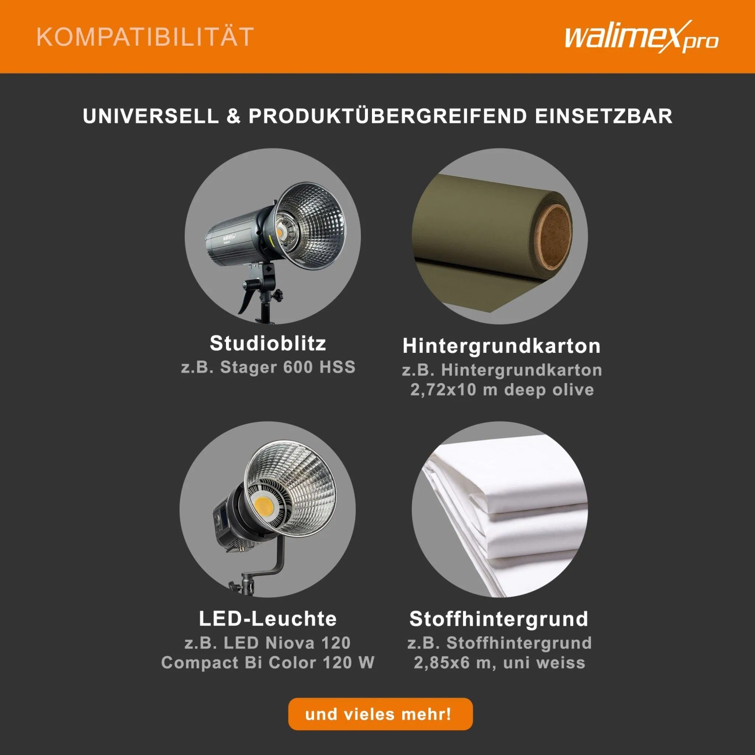 Kompatibilität des Walimex Pro Hintergrundsystems mit Studioblitz, LED-Leuchte, Hintergrundkarton und Stoffhintergrund.