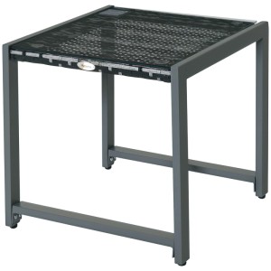 Outsunny Gartentisch, quadratisch, mit dunklem Aluminiumrahmen, Polyrattan und Hartglasplatte.