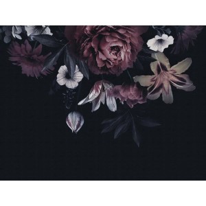 Fototapete mit Blumenmuster in Schwarz, Rot, Weiß und Grün. Florale Vliestapete für Wohnräume.